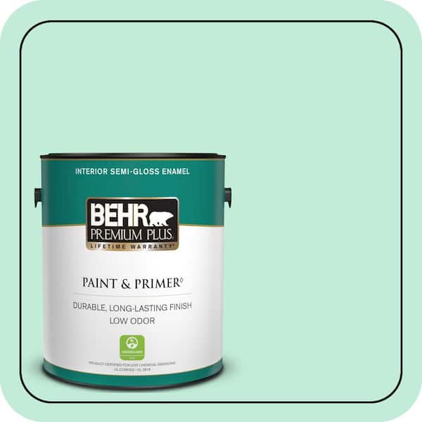 BEHR PREMIUM PLUS 1 gal. #470A-2 Seafoam Pearl Semi-Gloss Enamel Low Odor Interior Paint & Primer (2)
