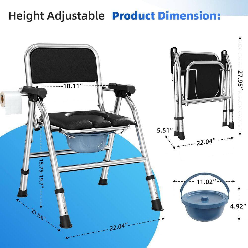 Wudkey Adjustable Height Folding 4-in-1 19.5"x17.5" Bedside Commode Toilet Seat with Arms and Back in Black (2)
