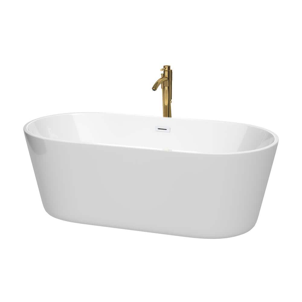 Wyndham Collection Carissa CD 67 in. x 31.5 in. Soaking Bathtub with Center Drain in White with Shiny White Trim and Brushed Gold Faucet (1)