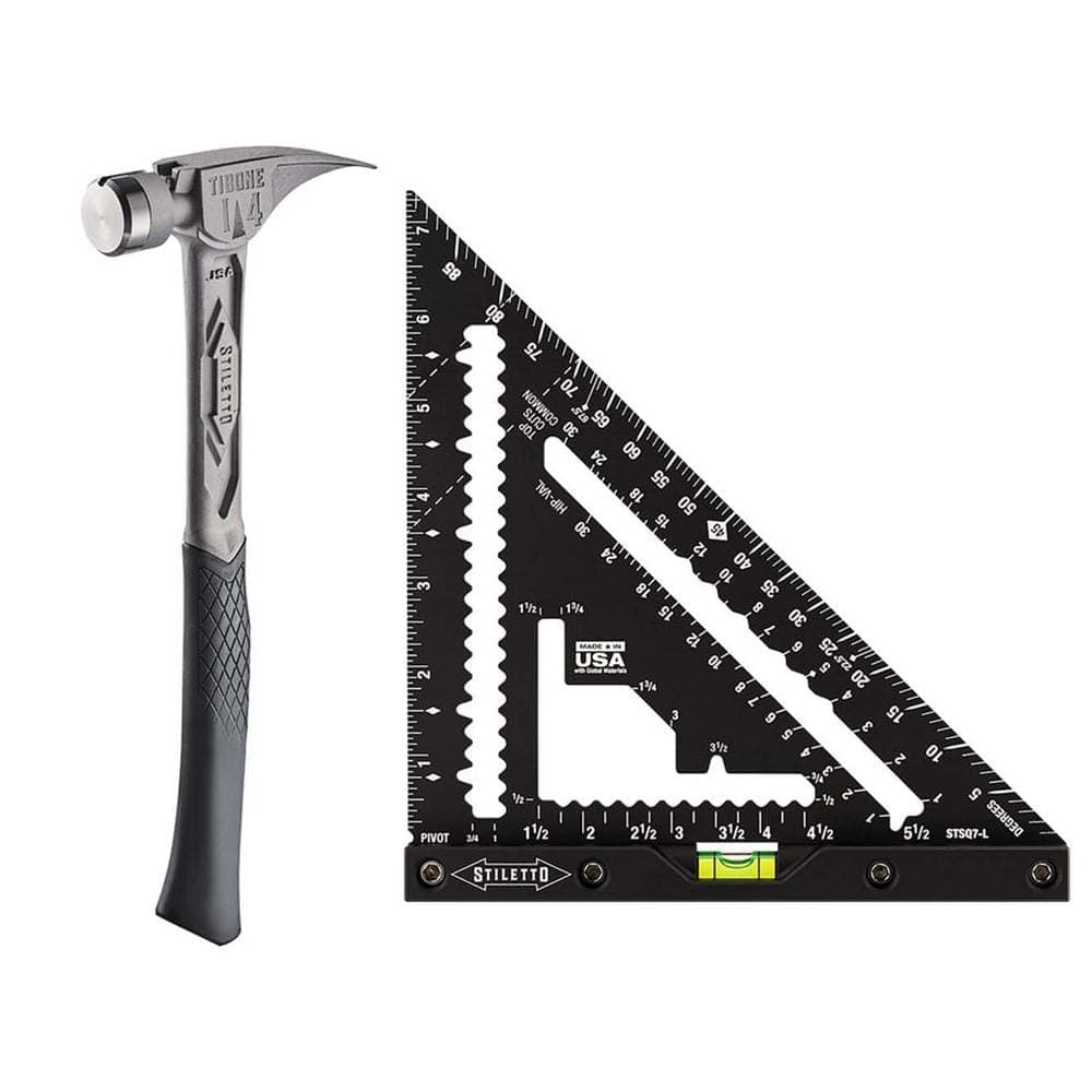 Stiletto 14 oz. TiBone Smooth Face with Curved Handle with 7 in. Carpenter Square with Level (2-Piece)