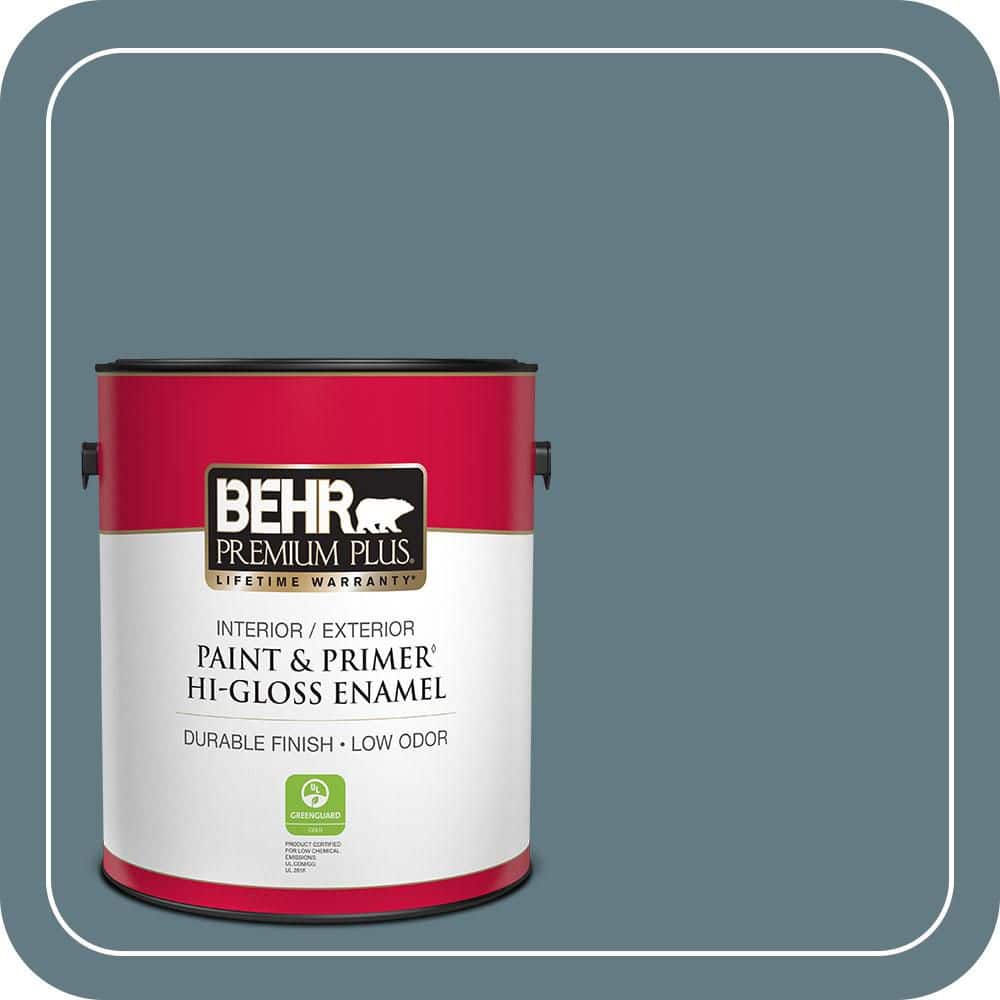 BEHR PREMIUM PLUS 1 gal. #540F-5 Smokey Blue Hi-Gloss Enamel Interior/Exterior Paint & Primer (1)