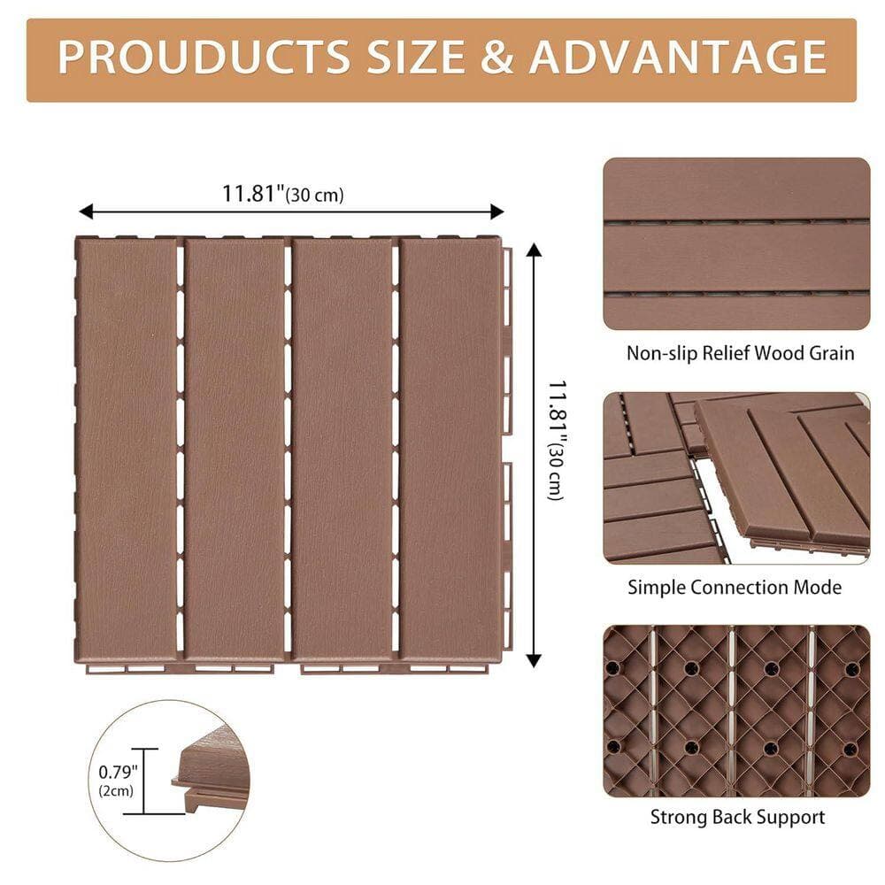 Afoxsos Plastic Interlocking Deck Tiles, (9 Pack) Outdoor Flooring Waterproof Pavers in Brown (3)