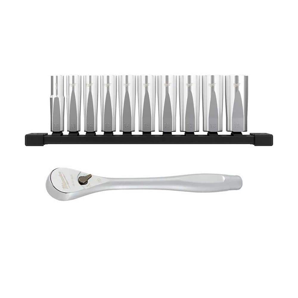 Milwaukee 3/8 in. Drive Metric Deep Well 6-Point Socket Set and 3/8 in. Drive Ratchet (11-Piece)