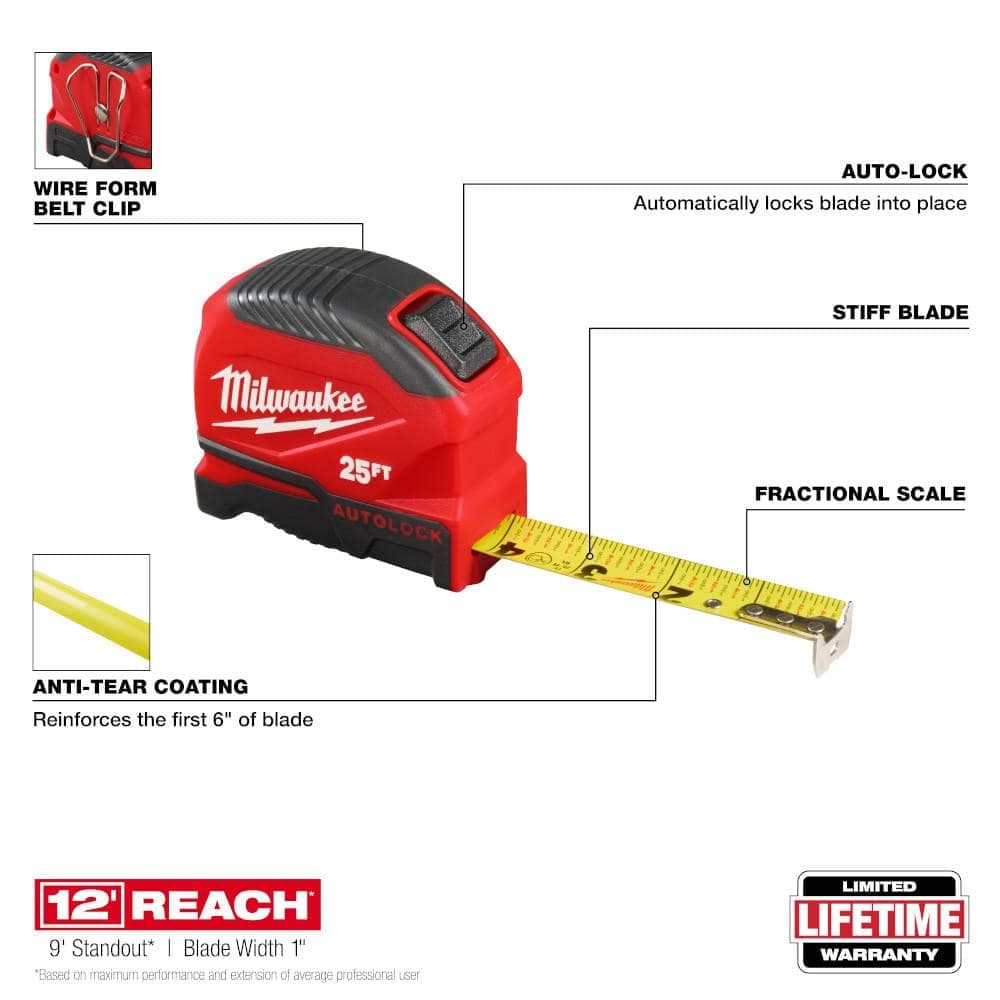 Milwaukee 25 ft. Compact Auto Lock Tape Measure with Fractional Scale (3)