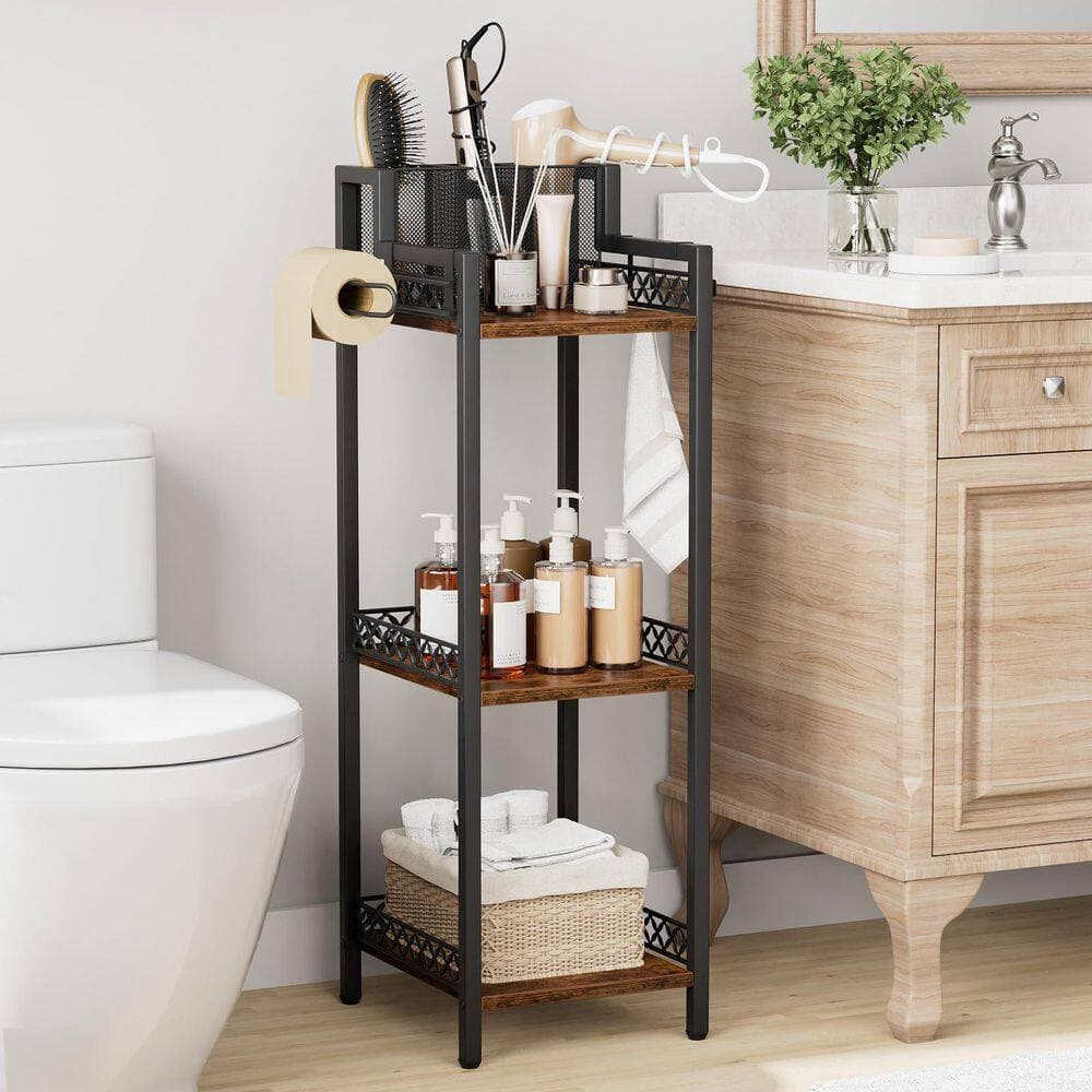 KHKFY 3-Tier Narrow Metal Standing Shelf 32.7 in with Toilet Paper Holder and Hair Dryer Organizer Stand Rack (2)