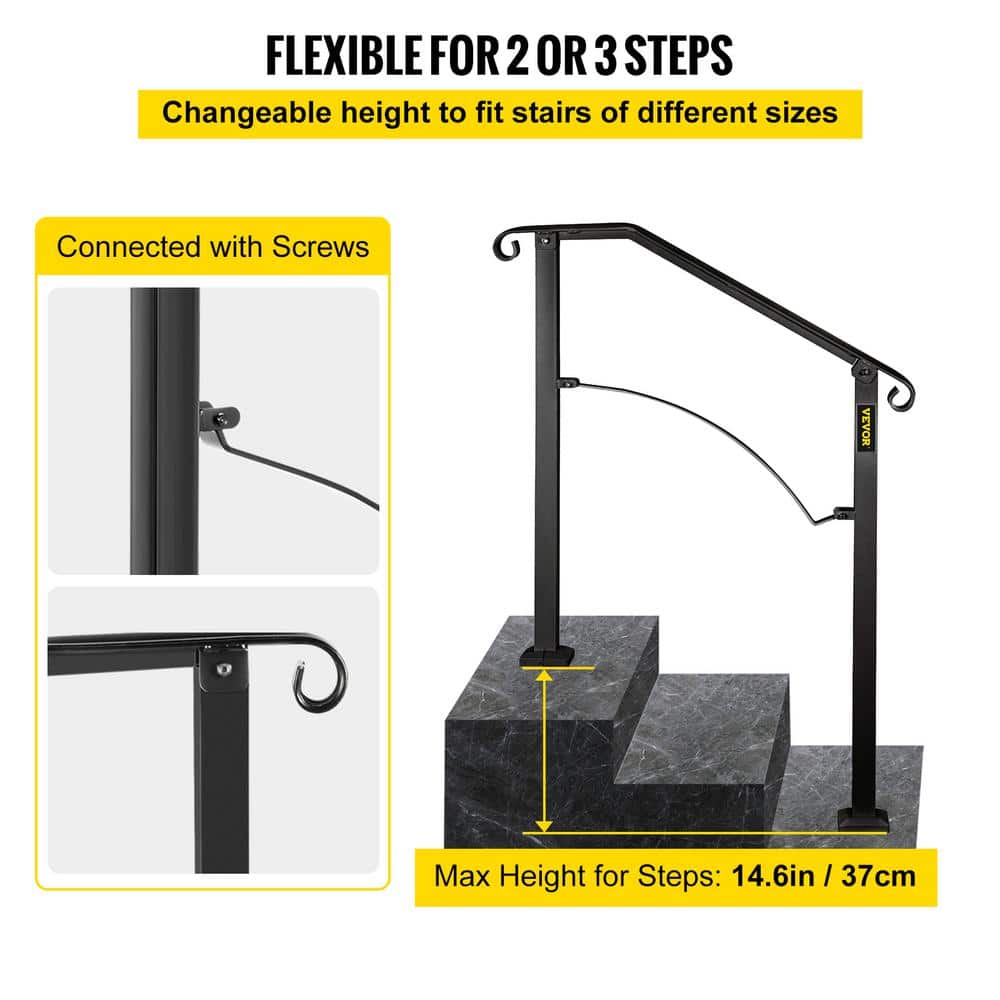 VEVOR 2 ft. Wrought Iron Handrail Fit 2 or 3 Steps Handrails for Outdoor Steps Flexible Porch Railing, Black (3)