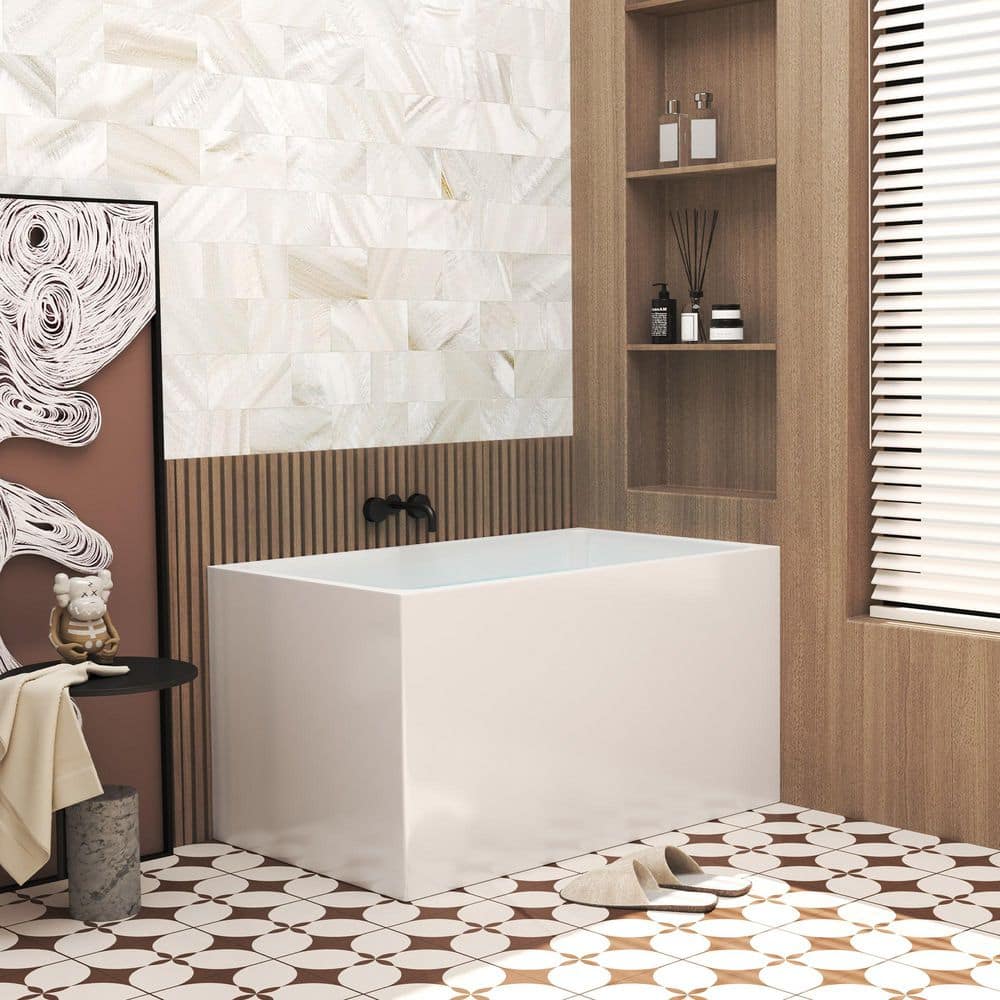 Unbranded 47in.Lx27in.W Acrylic Freestanding Soaking Bathtub with Seat:Rectangle Shape Gloss White,Chrome Overflow,Pop-Up Drain (4)