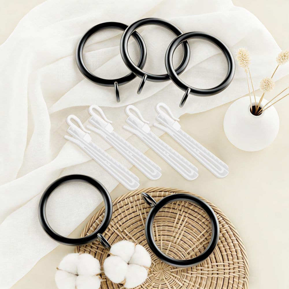 KHKFY 1.25 in. Black Metal Curtain Rings with Fabric-Friendly Plastic Hooks 30-Pack for Drapes Shower (3)