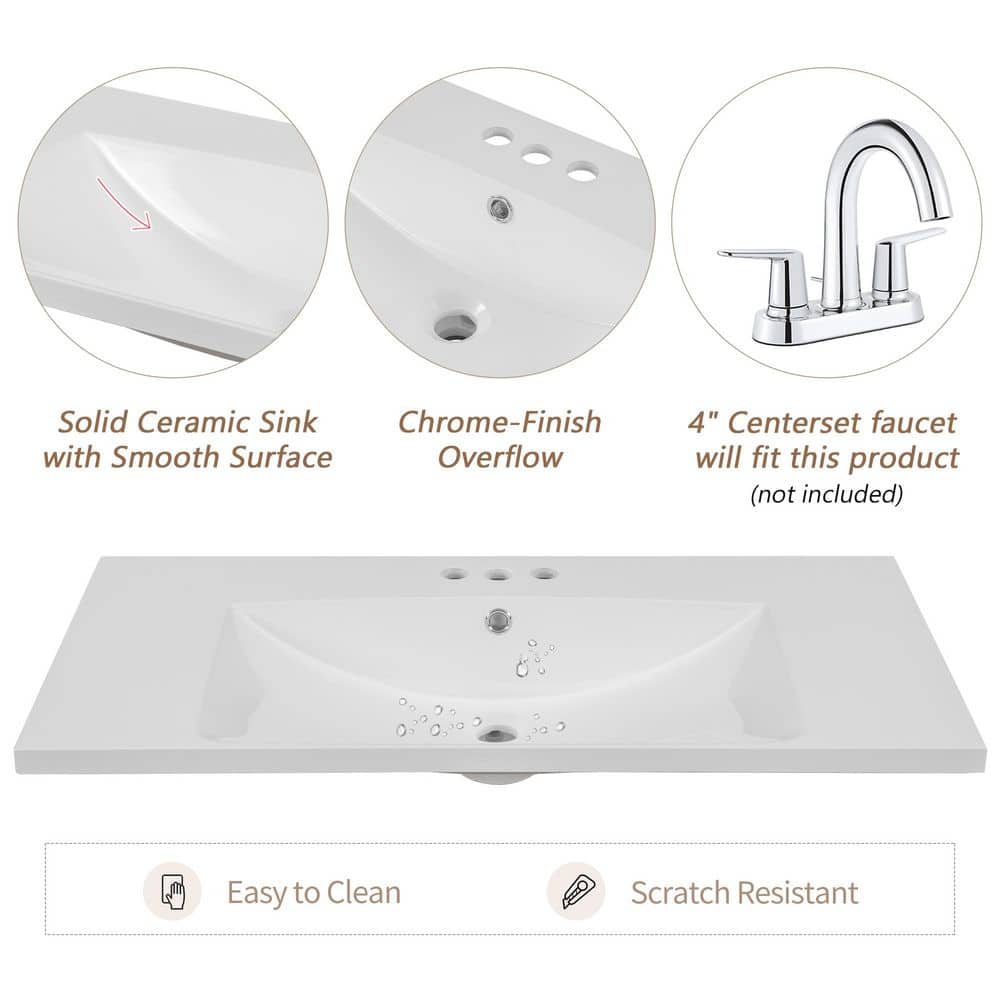 COWLOWN 36 in. W x 18 in. D Ceramic Vanity Top in White, Single Bathroom Basin Sink, Vanity Top Only, 3-Faucet Holes (2)