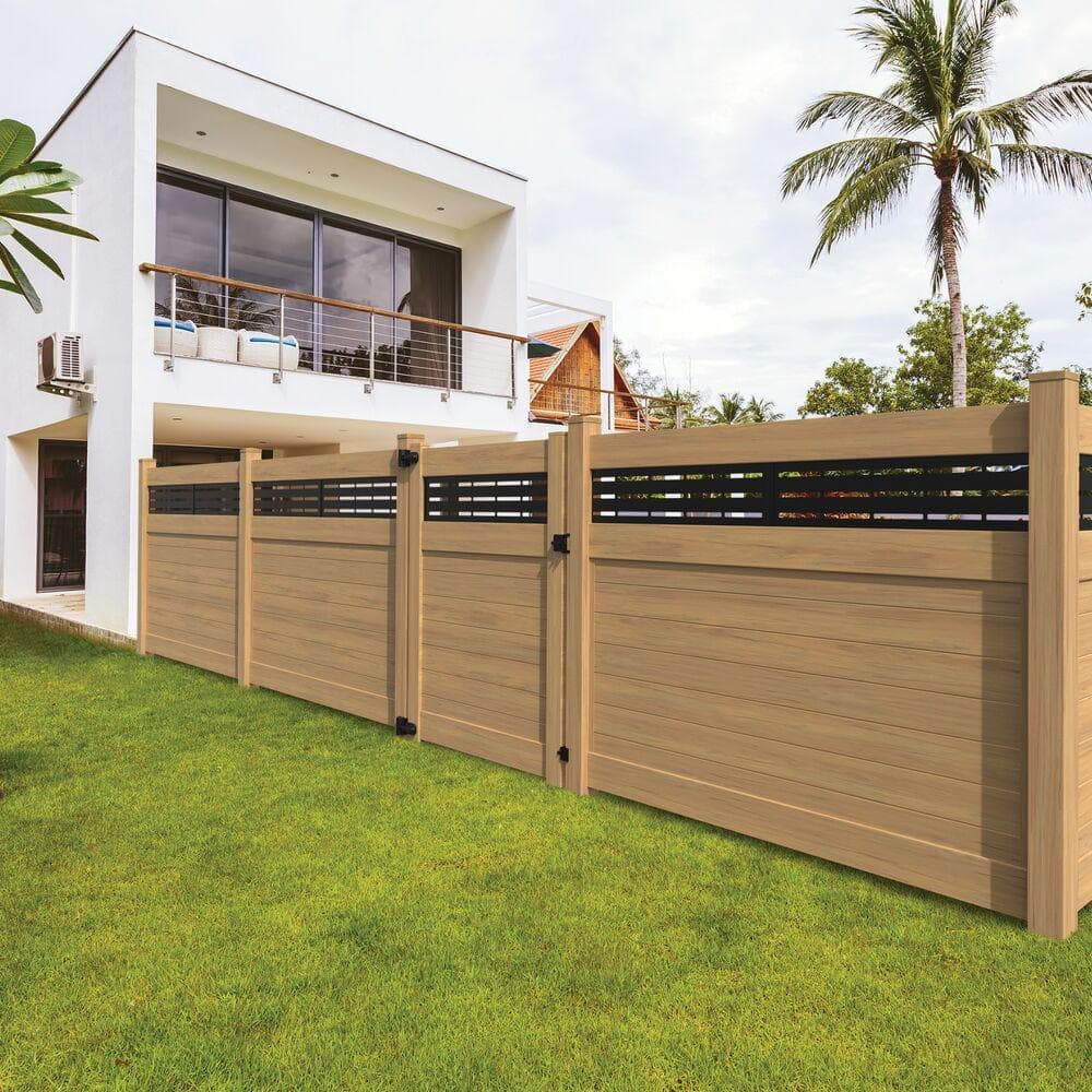 Barrette Outdoor Living 5 in. x 5 in. x 108 in. Horizontal Fence - Boardwalk DSP Vinyl Line Post Woodgrain Cypress (3)