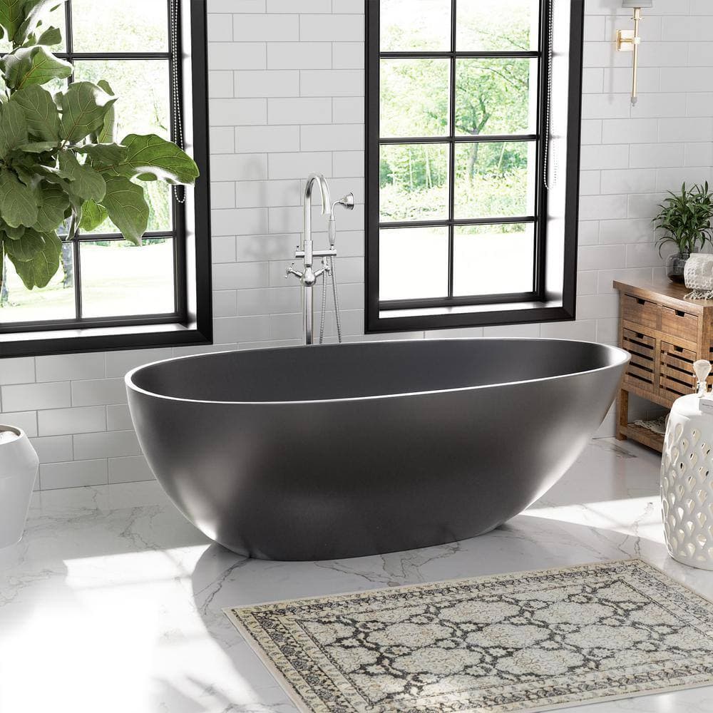 Boyel Living 67 in. x 33 in. Solid Surface Stone Resin Freestanding Soaking Bathtub with Center Drain, Drainer, Hose in Matte Black (2)