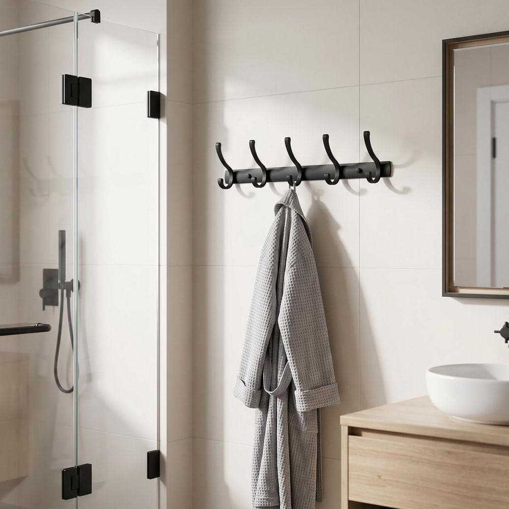 VEVETTA Aluminum Wall Mounted J-Hook Robe/Towel Hook Coat Rack Hook Rail with 5 Hooks in Matte Black (2)