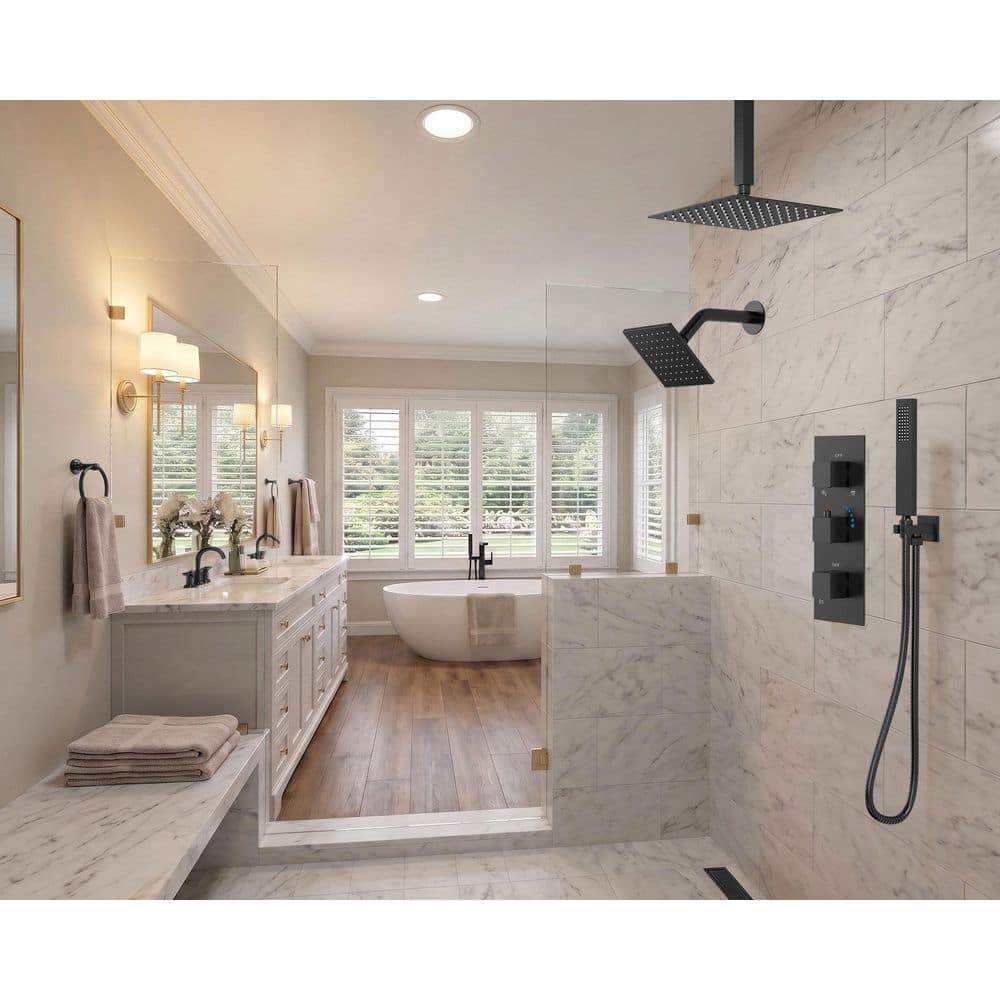 GRANDJOY ZenithRain 5-Spray Square High Pressure with Dual Rainfall Showerheads Thermostatic Valve Included in Matte Black (2)