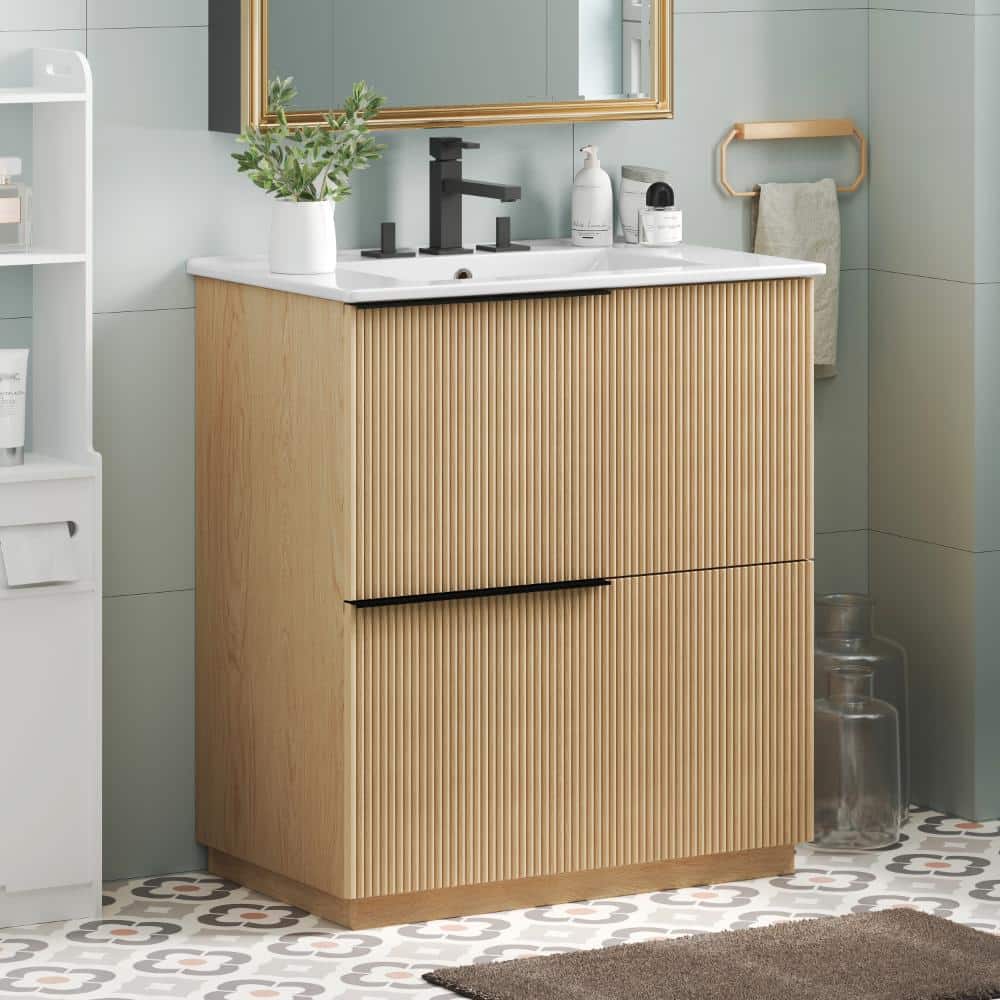 Flynama 30" Bathroom Vanity With Ceramic Sink, Full-Extension Drawers, Fluted Design, Natural Tone (2)