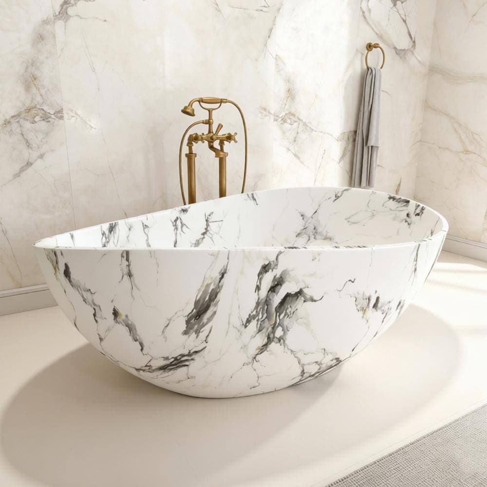 PEACEBAY 63 in. Solid Surface Oval Freestanding Soaking Bathtub with Wave Rim in Matte Calacatta Gold Marble Look (3)