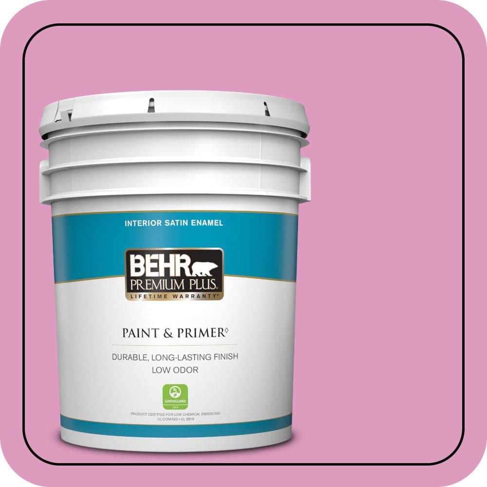 BEHR PREMIUM PLUS 5 gal. #690B-4 Pink Begonia Satin Enamel Low Odor Interior Paint & Primer