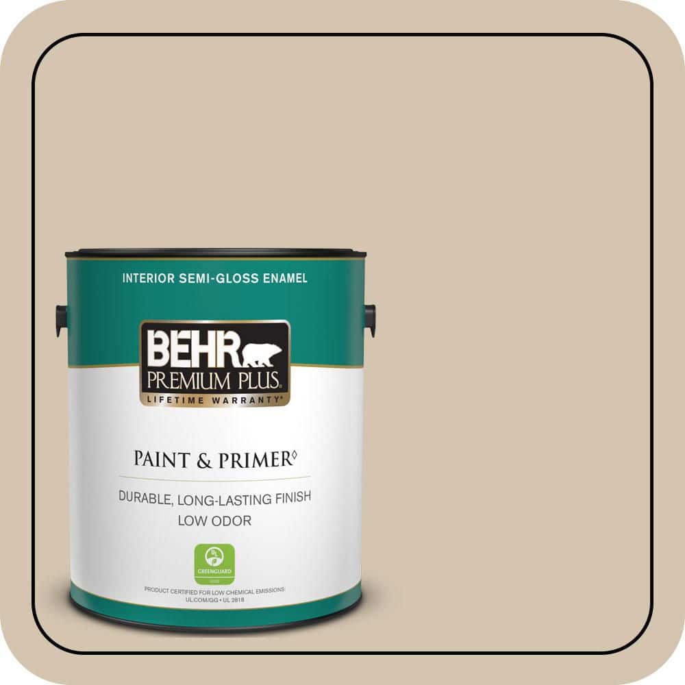 BEHR PREMIUM PLUS 1 gal. #N300-3 Casual Khaki Semi-Gloss Enamel Low Odor Interior Paint & Primer