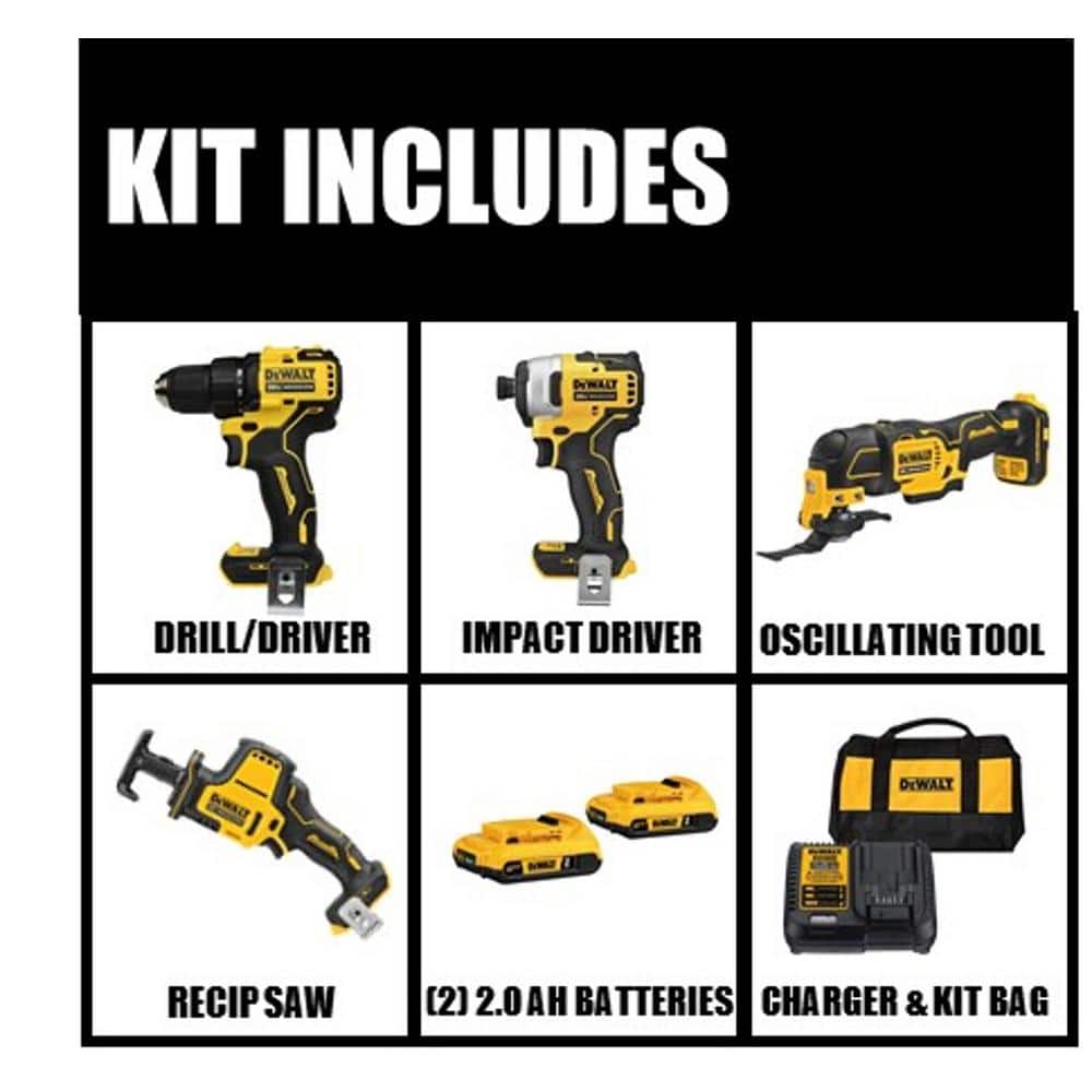 DEWALT ATOMIC 20V MAX Cordless Brushless 4 Tool Combo Kit, (2) 2.0Ah Batteries, Charger, and Bag (2)