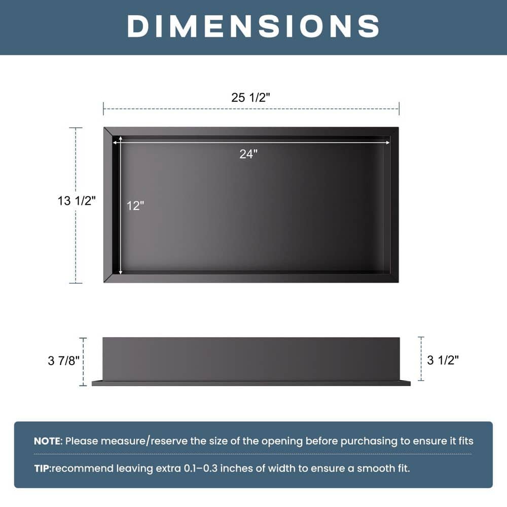 Unbranded 24 in. W x 12 in. H x 4 in. D Waterproof Recessed Shower Niche Space-Saving Storage Shelf in Matte Black, No Tile Needed (3)