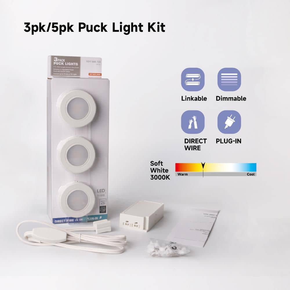 PRIVATE BRAND UNBRANDED Plug-In 5-Light White Dimmable Integrated LED Under Cabinet Puck Light with J-box (4)