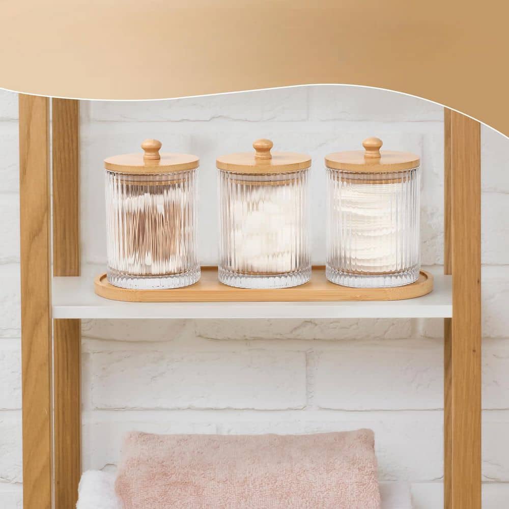 Numhew 3-Pack Bathroom No-Drill Organizer Set with 3 Clear Glass Qtip Holders and 1 Waterproof Tray for Cotton Swabs in Beige (2)