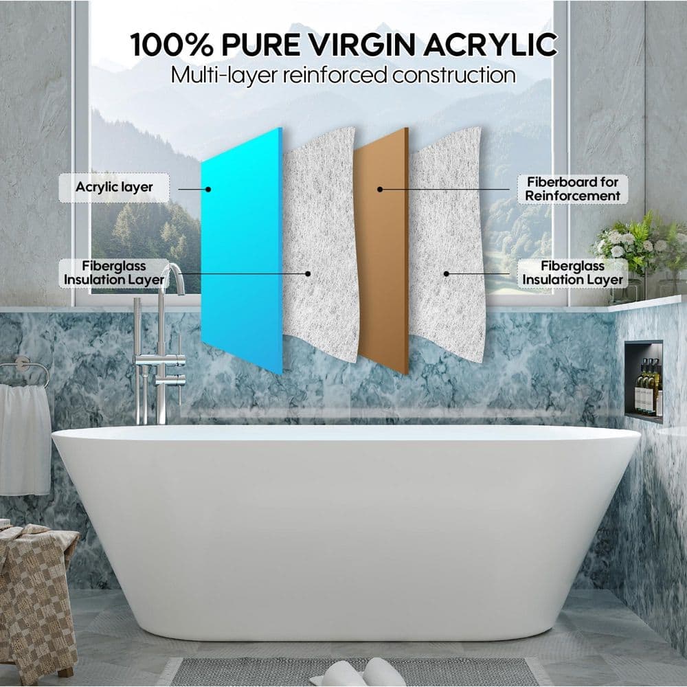 FORCLOVER 71 in. x 33.5 in. Freestanding Soaking Bathtub with Center Drain and Groove Overflow in White (3)