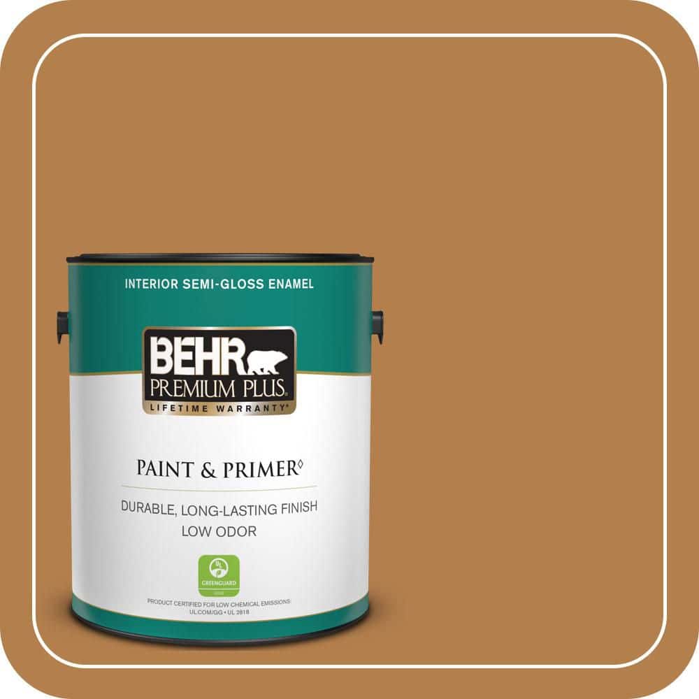 BEHR PREMIUM PLUS 1 gal. #PMD-106 Caramel Sauce Semi-Gloss Enamel Low Odor Interior Paint & Primer