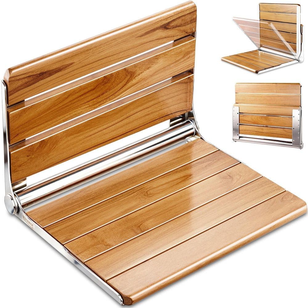 Numhew 20 in. L x 17 in. W x 11 in. H Wood Rectangular ADA Compliant Folding Teak Shower Seat, Larger Teak Shower Bench in Teak (1)
