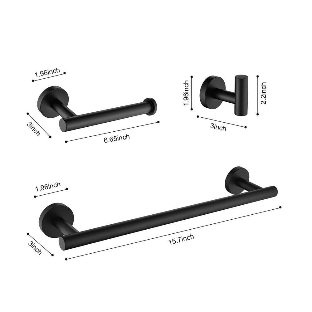 Unbranded Triple Matte Black Stainless Steel 3-Piece Bathroom Hardware Set with Towel Bar, Toilet Paper Holder and Robe Hook (2)