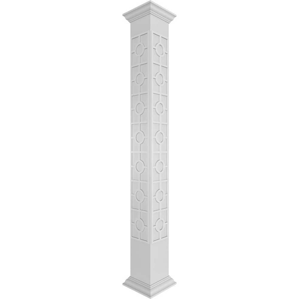 Ekena Millwork 7-5/8 in. x 8 ft. Premium Square Non-Tapered Koroluck Fretwork PVC Column Wrap Kit with Crown Capital and Base