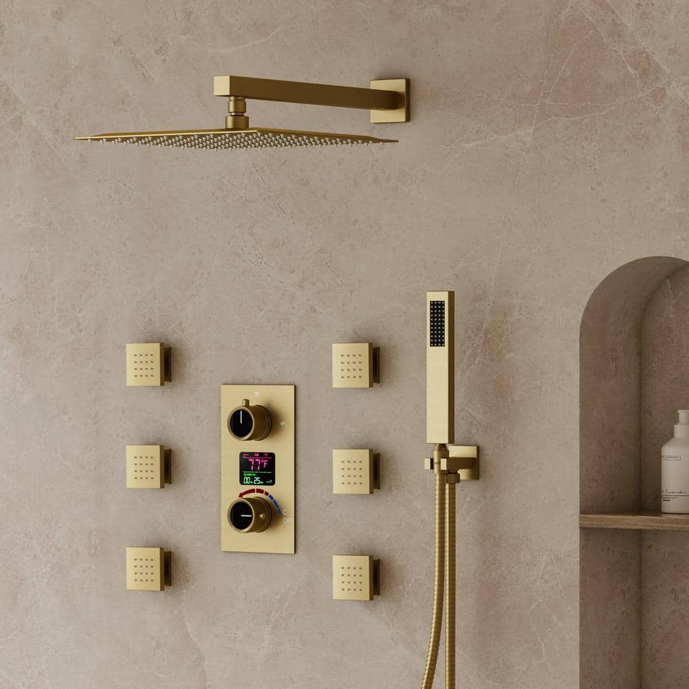 YAWWALK 3-Spray 12 in. Wall Mount Dual Fixed and Handheld Shower Head and LCD Display in Brushed Gold(Valve Included) (1)