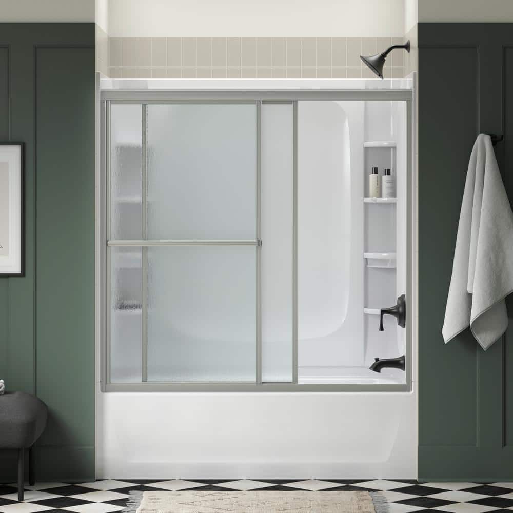 Sterling Deluxe 55-60 in. W x 56 in. H Framed Sliding Tub Door in Silver with 1/8 in. Thick Tempered Rain Glass (2)