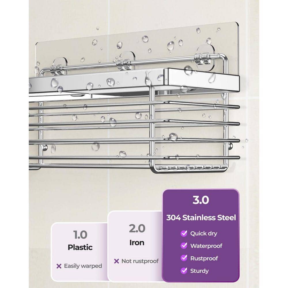 Unbranded 12.2inL 3.54in.H Stainless Steel Wall Mounted Shower Shelf Silver Rustproof No Drilling Adhesive Organizer 3 Pack (2)
