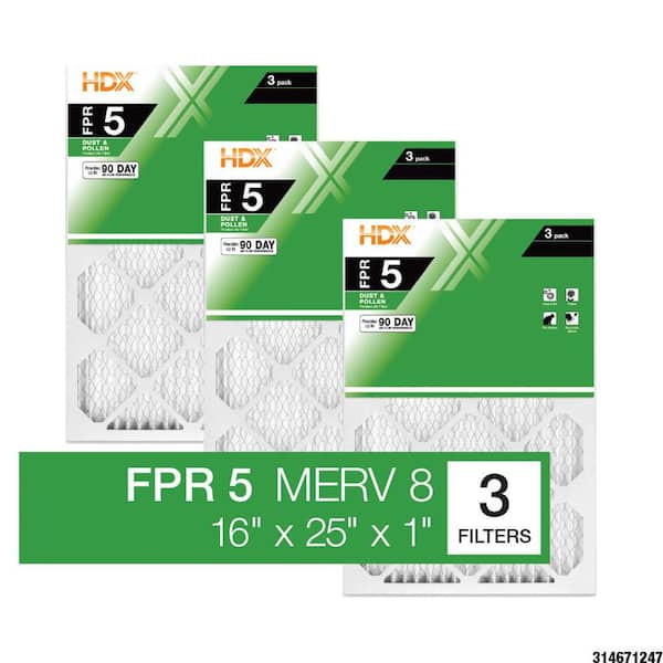 HDX 16 in. x 25 in. x 1 in. Standard Pleated Furnace Air Filter FPR 5, MERV 8 (3-Pack)