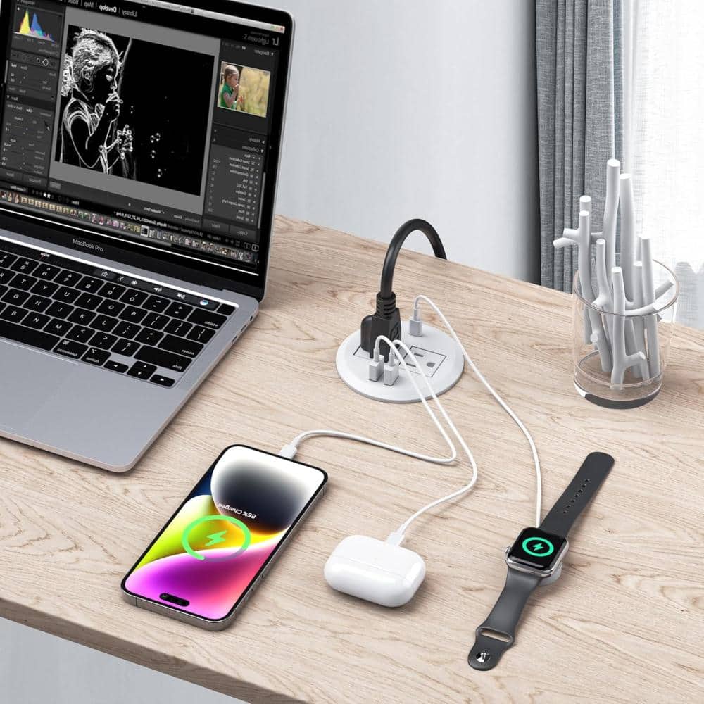Unbranded 2-in-1 Desktop Power Grommet with USB-C Output, 125V, 12A, 2 AC Outlets, 3 USB Charging Ports, White (3)