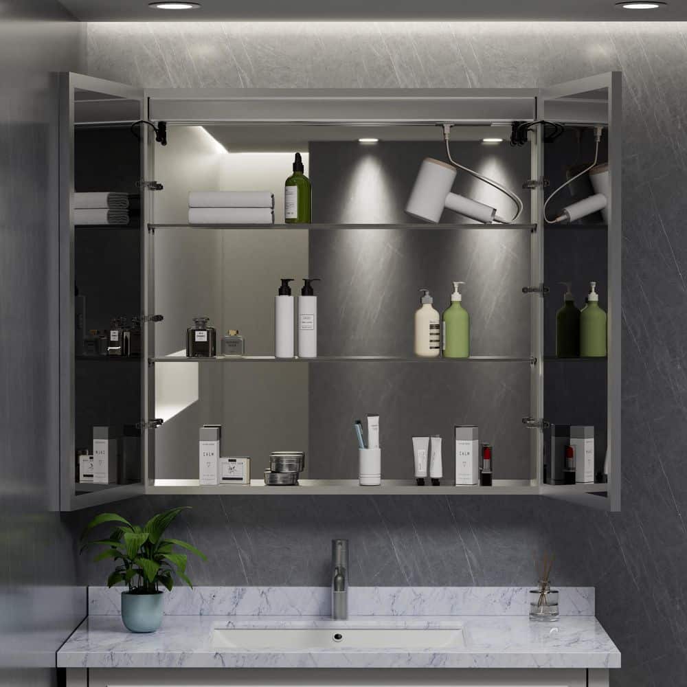 HBEZON Eos 48 in. W 32 in. H Aluminum Surface/Recessed Mount Medicine Cabinet with Mirror and Light, Fog Free (3)