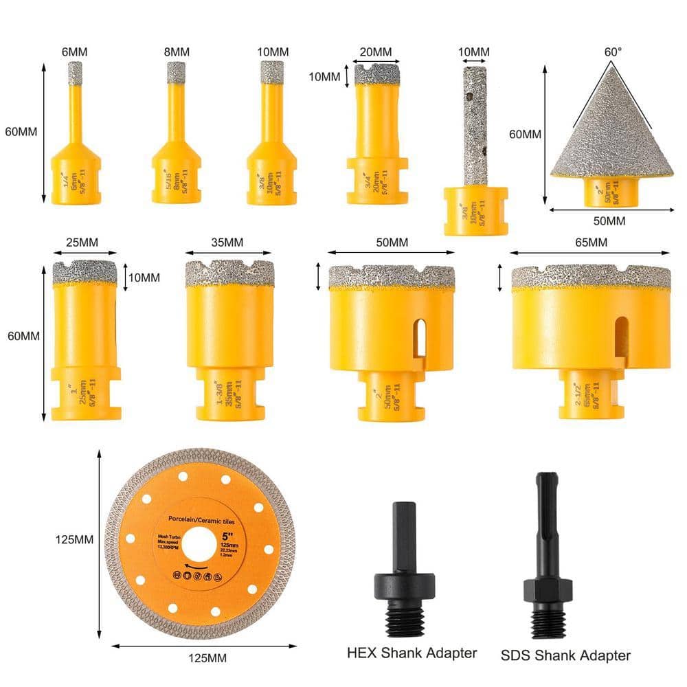 Angel Sar 13-Pieces 5/8 in.-11 Diamond Core Drill Bits Set, Vacuum Brazed Hole Saw Kit for Marble Ceramic Porcelain Tile Tools Kit (2)