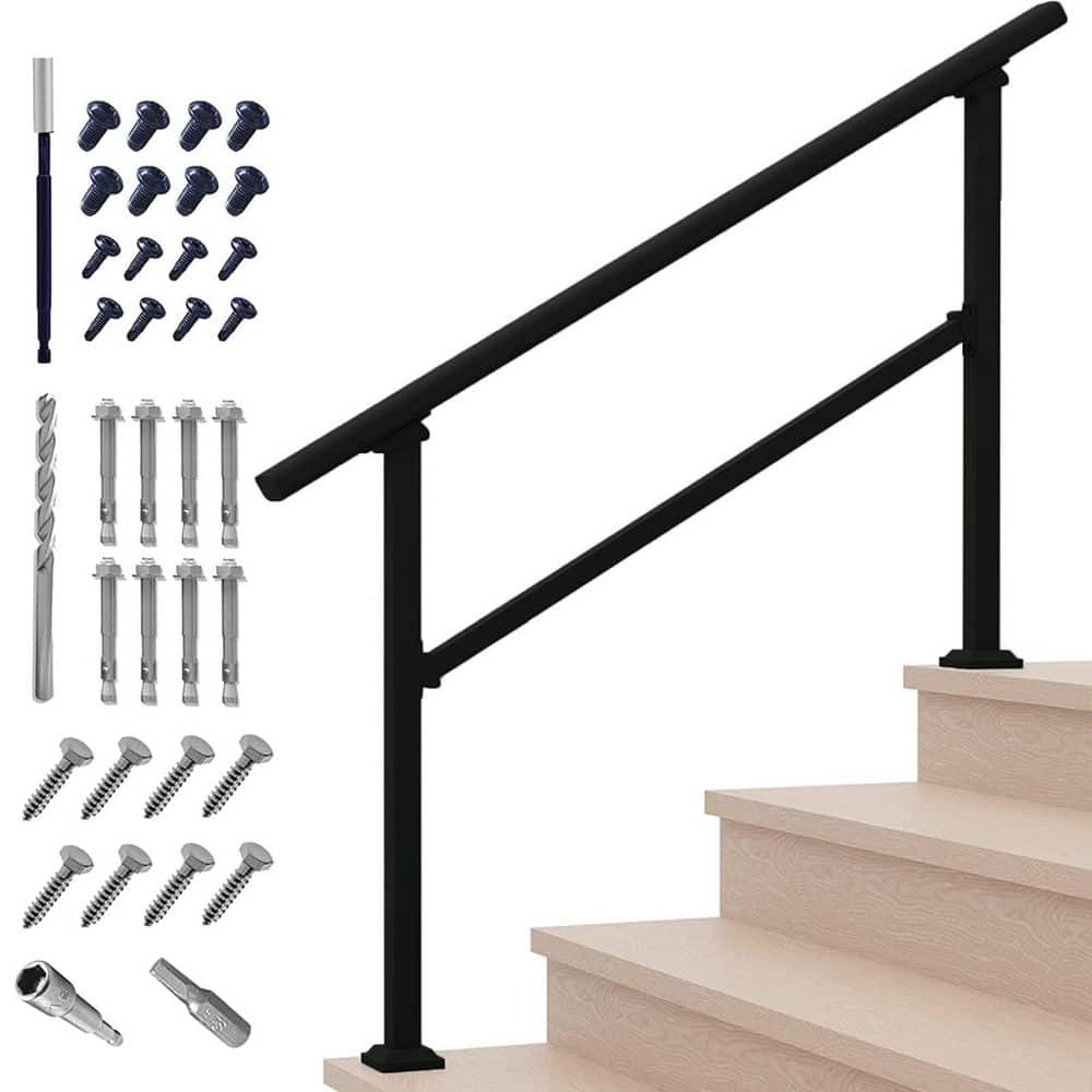 Unbranded 5 Step Black Metal Wrought Iron Handrail for 1 to 5 Outdoor Steps Adjustable Stair Railing Kit (1)