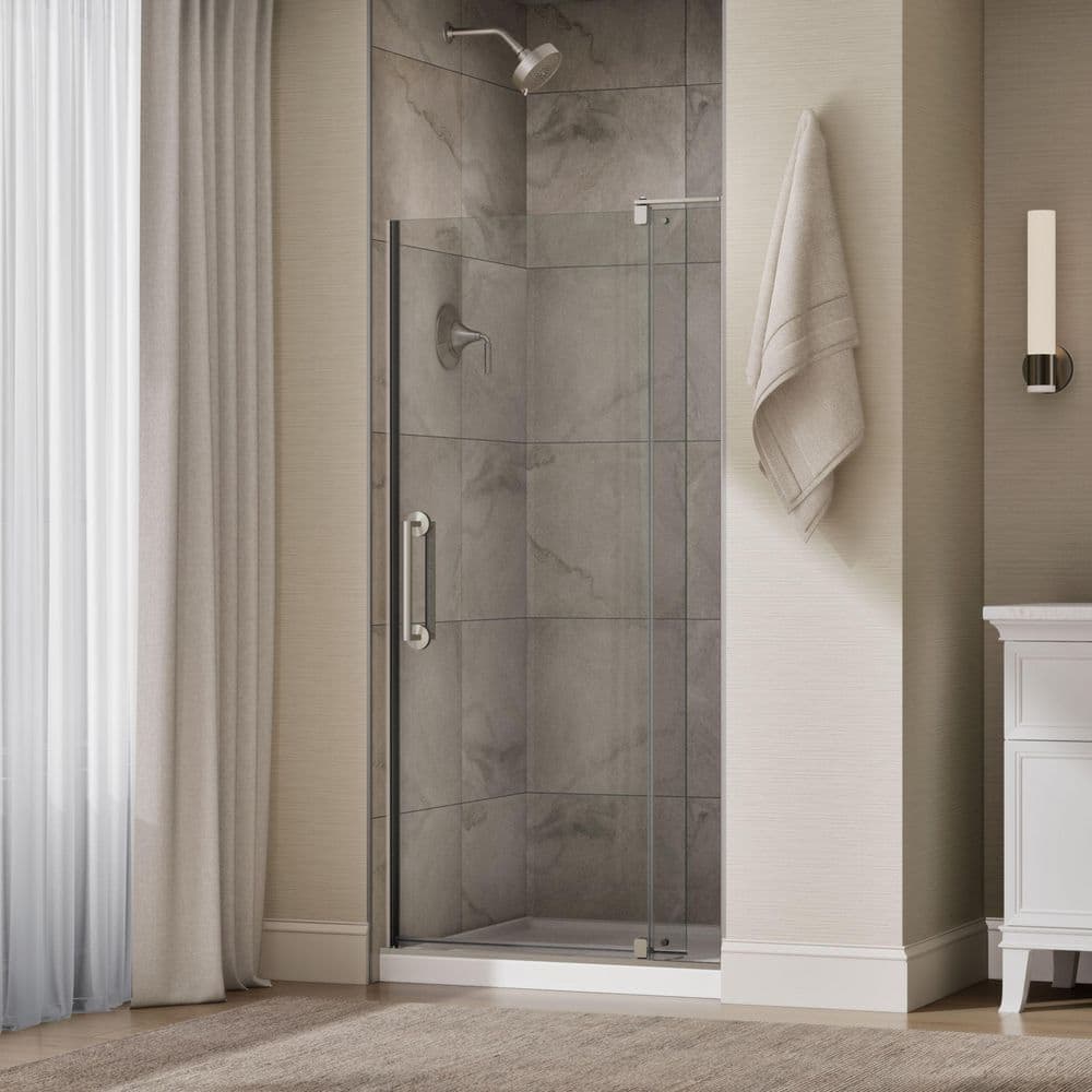 KOHLER Ashan 32-36 in. W x 70 in. H Frameless Pivot Shower Door in Brushed Nickel with 1/4 in. Thick Clear Tempered Glass (3)