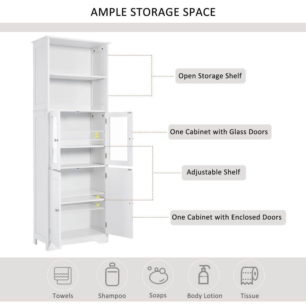 Unbranded 22.6 in. W x 11.2 in. D x 64 in. H White Freestanding Bathroom Linen Cabinet with Adjustable Shelves and Glass Doors (3)