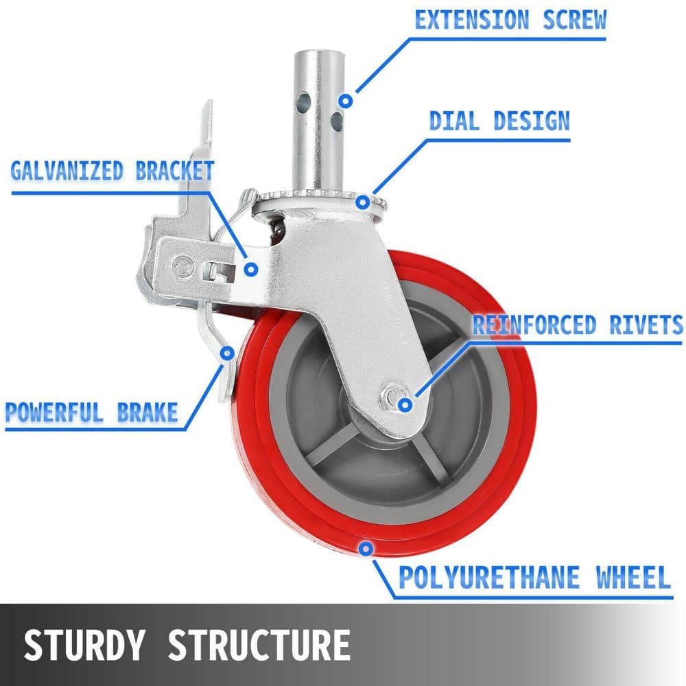 SVOPES Scaffolding Wheels (Set of 4) 8 in. Heavy Duty Casters, 3200 lbs. Load Capacity, Locking Stem Casters with Brake, Red (2)
