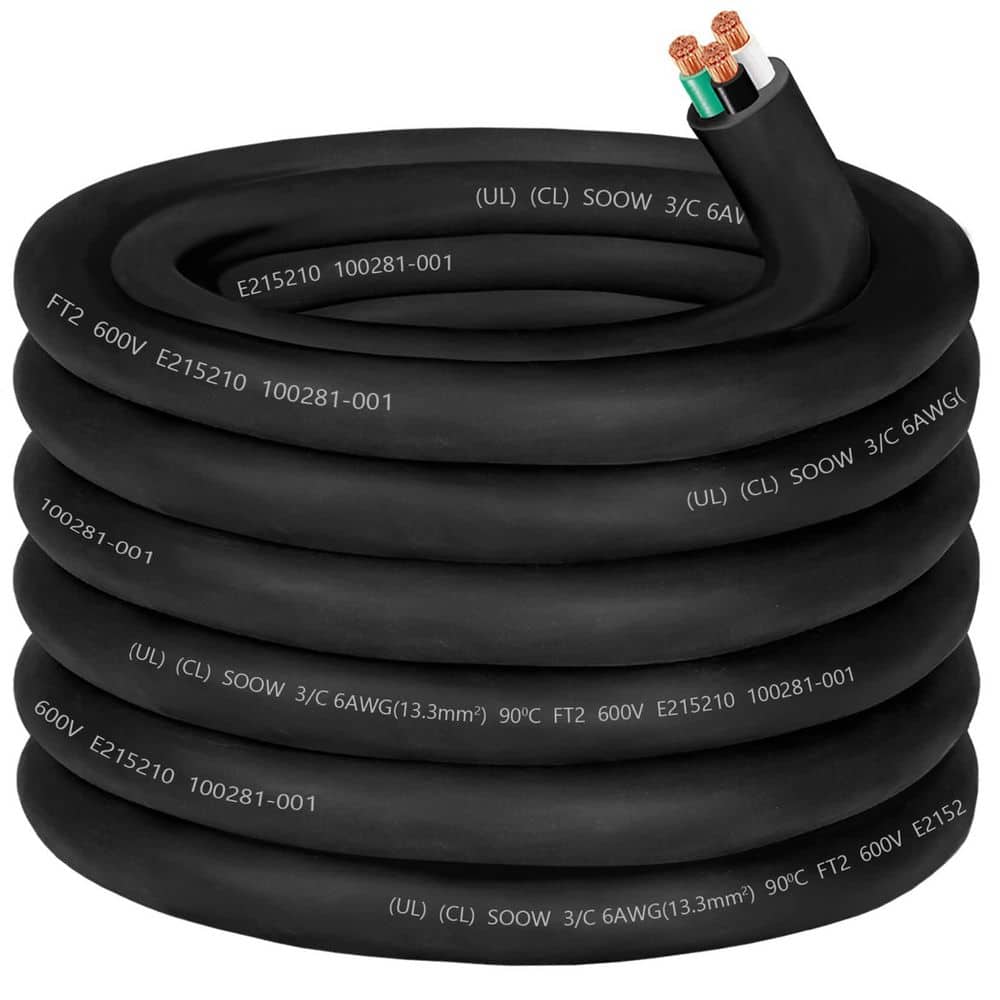 Unbranded 25 ft. 6 Gauge 3 Conductor 600V SOOW Indoor Outdoor Extension Cord Oil Water Resistant for Generator Welder EV, Black (1)