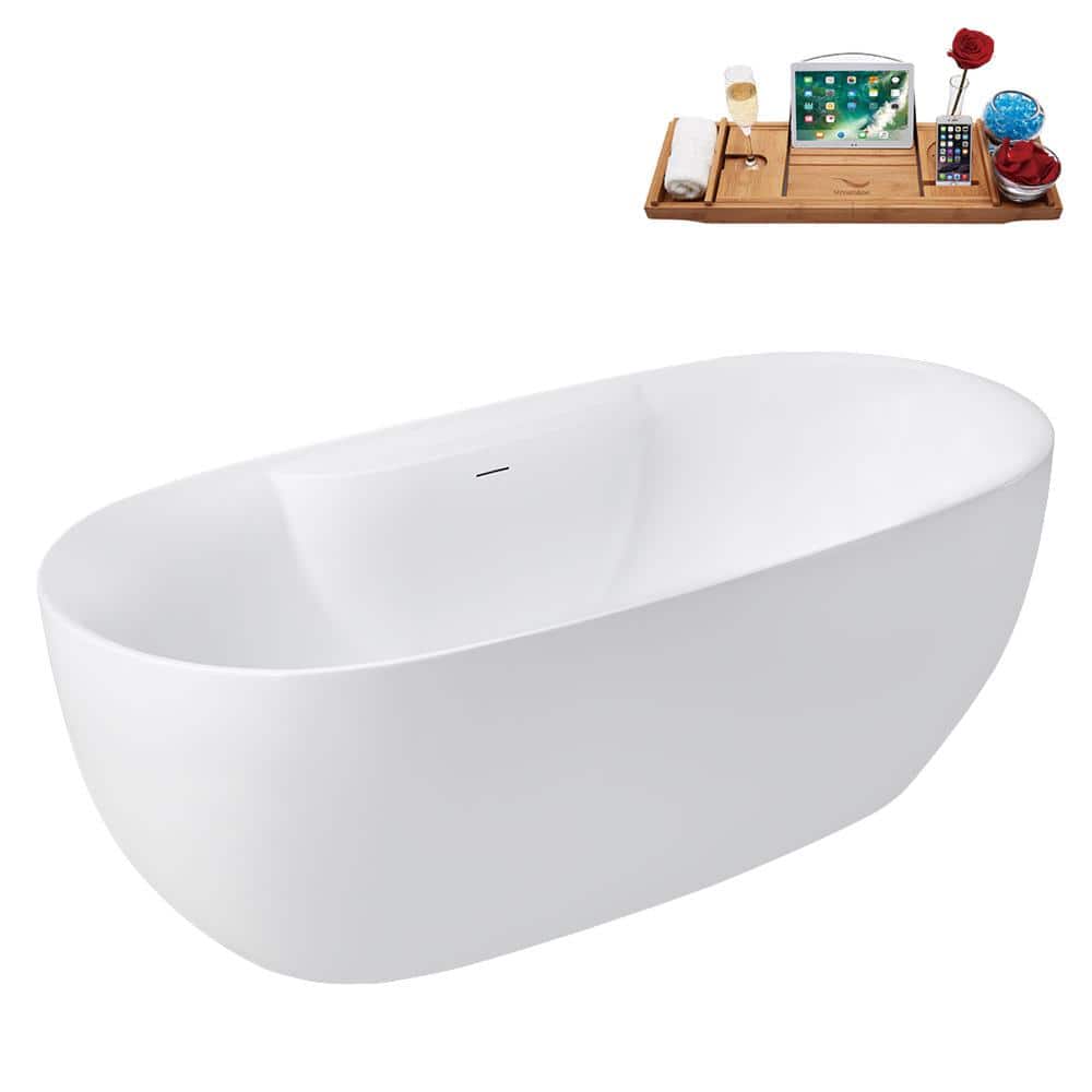 Streamline 67 in. x 30 in. Acrylic Freestanding Soaking Bathtub in Glossy White with Brushed Nickel Drain, Bamboo Tray (3)