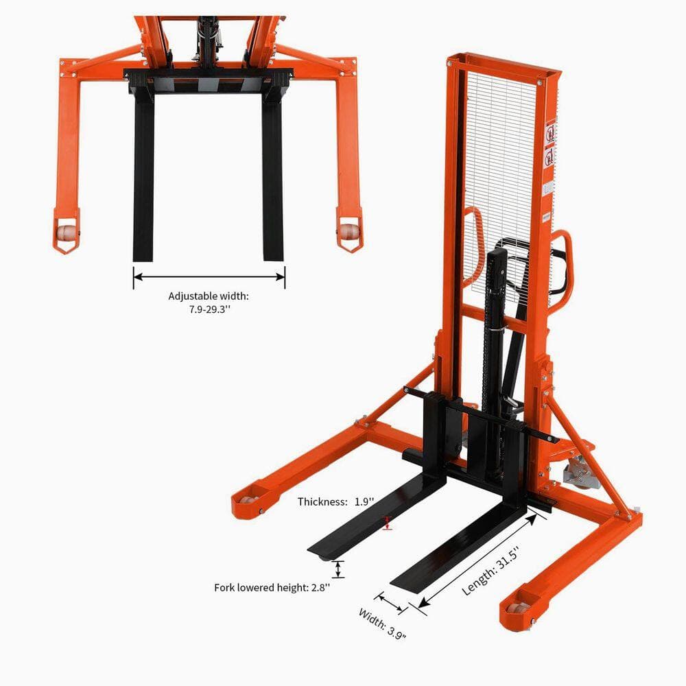 TORY CARRIER 1,100 lbs. Manual Straddle Stacker with Adjustable Forks Walkie Pallet Stacker 63 in. Max Lift Height Orange (3)