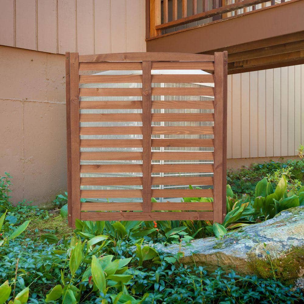 Tenleaf 3-Panel 32 in. x 38 in. Privacy Fence Screen Brown Louver Wood for Outdoor Air Conditioner (3)