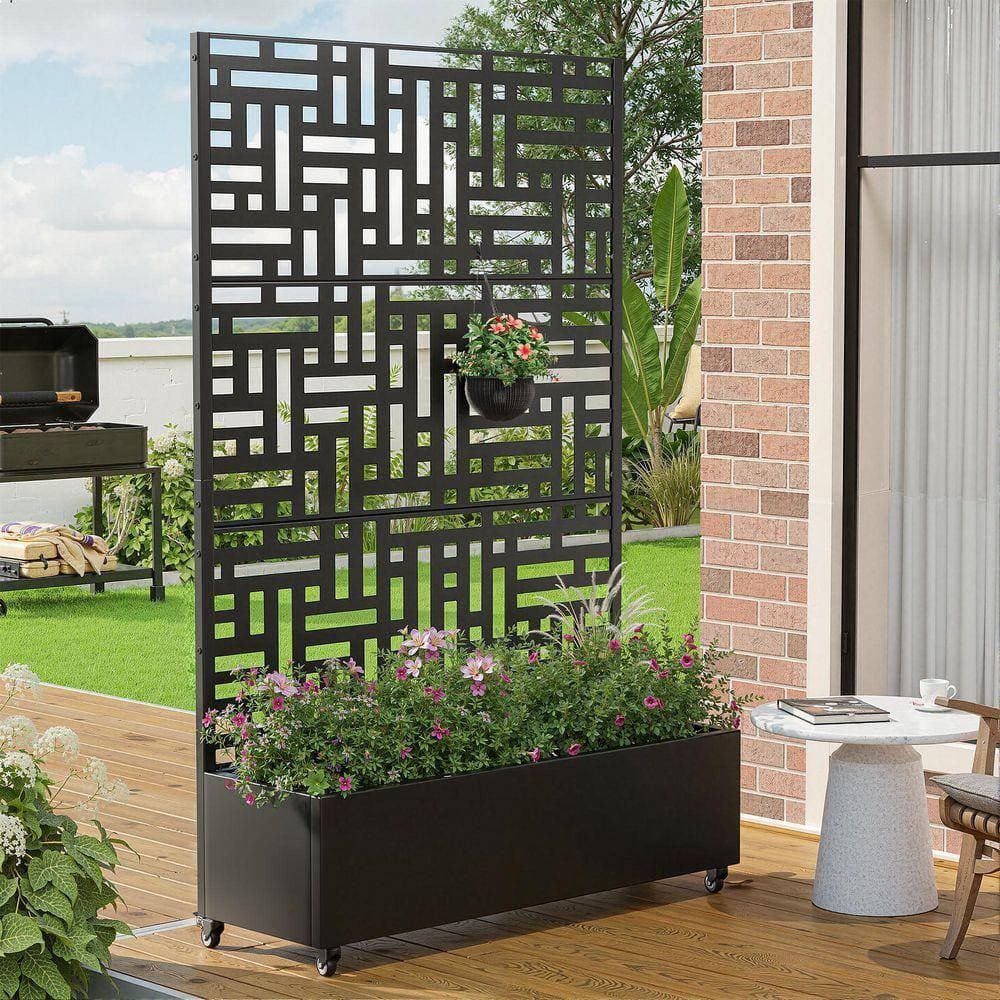 Lirago 72 in. x 47 in. Black Outdoor Metal Privacy Screen Raised Planter Box Wall Decor (2)