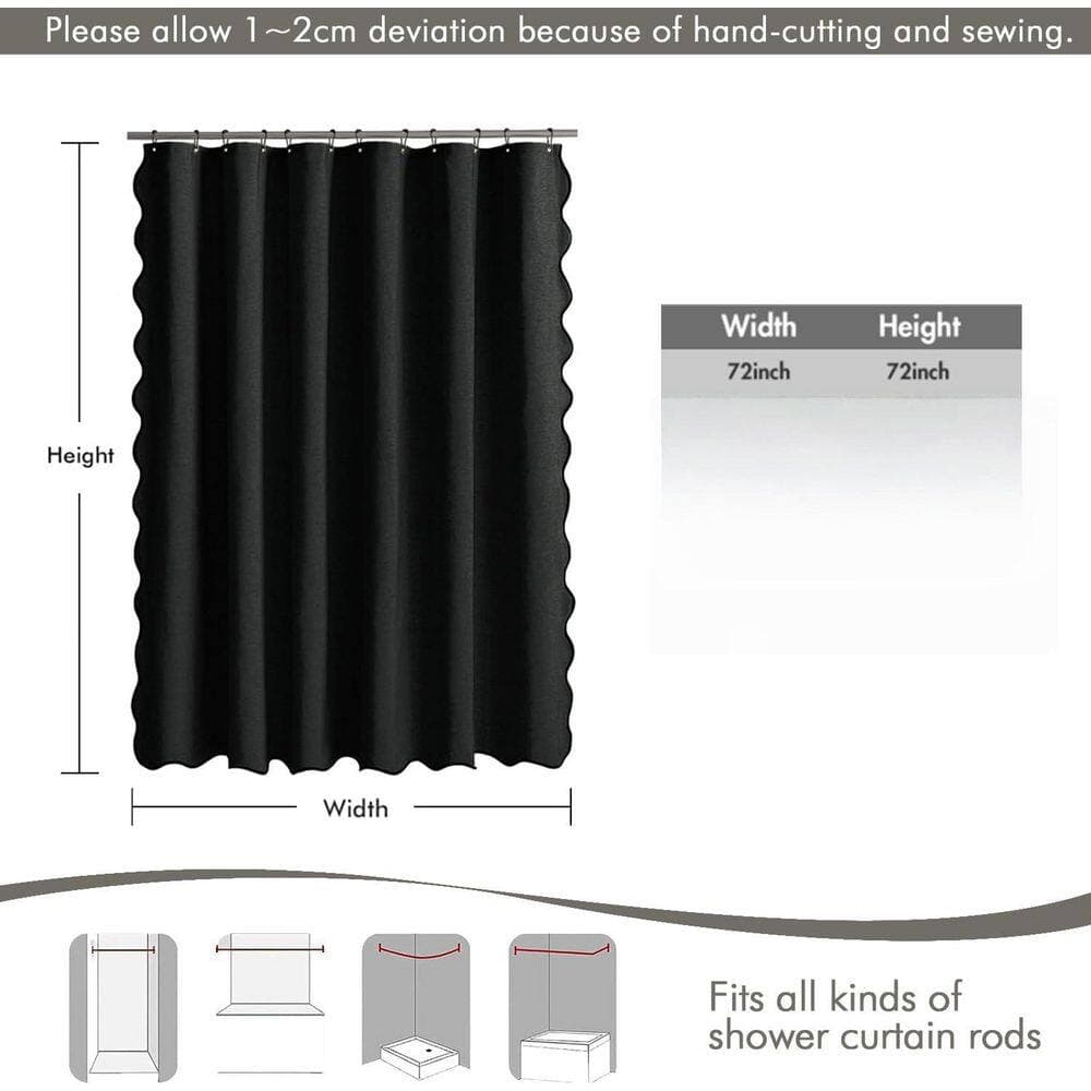 Numhew 72 in. W x 72 in. L Linen Textured Shower Curtain in Black, Heavy Duty Waterproof Cloth Curtain Includes 12 Metal Hooks (2)