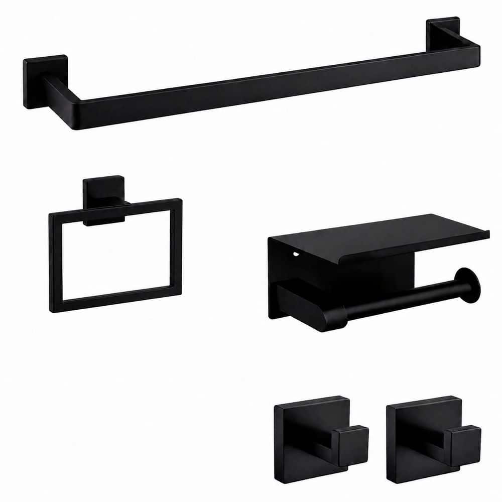 KHKFY 5-Piece Matte Black Stainless Steel Bathroom Hardware Set with 23.6 in Towel Bar and Paper Holder (1)
