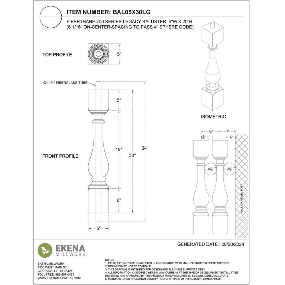 Ekena Millwork Fiberthane 700 Series 30 in. H x 5 in. W White Resin Stair Baluster (2)