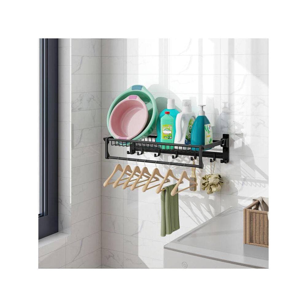 Boyel Living 9-Holder Wall Mounted Foldable Towel Rack with Adjustable Towel Bar and Movable Hooks in Black (2)